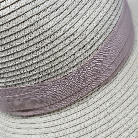 H&M NATURAL PAPER STRAW CREAM FEDORA DUSTY ROSE PINK RIBBON BAND WOMEN LARGE 58 - Picture 5 of 12